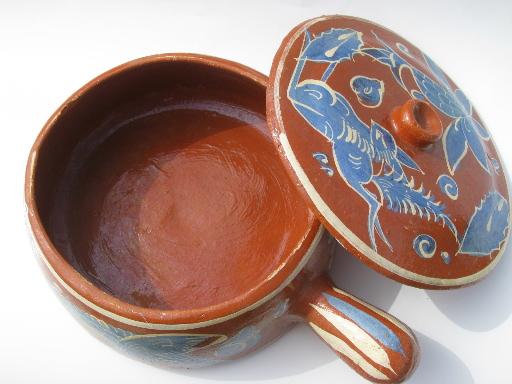 old Tlaquepaque pottery, hand-painted Mexican pottery bowl w/ handle