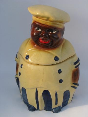 old USA pottery cookie jar, fat jolly cook, vintage black americana
