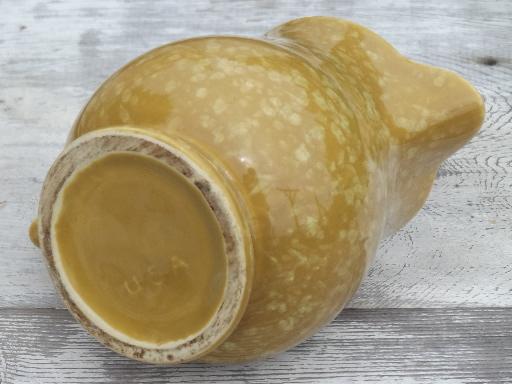 old USA pottery milk pitcher, mustard yellow gold spongeware pitcher