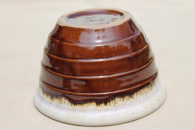old Western stoneware mixing bowl, vintage Monmouth USA brown drip pottery maple leaf mark