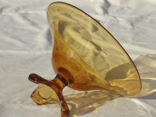 old amber glass compote bowl, three toed footed bowl w/ art deco shape
