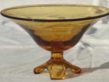 old amber glass compote bowl, three toed footed bowl w/ art deco shape