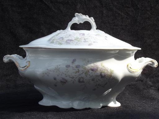 old antique Austria china covered soup tureen, lavender transferware flowers