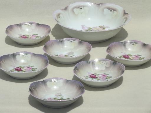 old antique Bavaria china berry bowls set w/ cabbage roses floral
