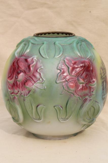 old antique GWTW lamp shade, puffy glass globe lampshade w/ water lilies & roses