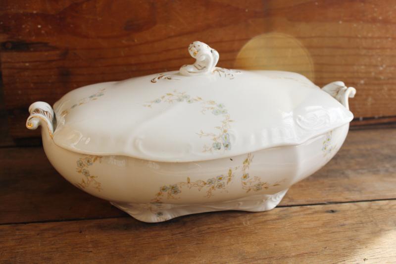 old antique Johnson Bros china covered dish or tureen, semi-porcelain w/ blue floral