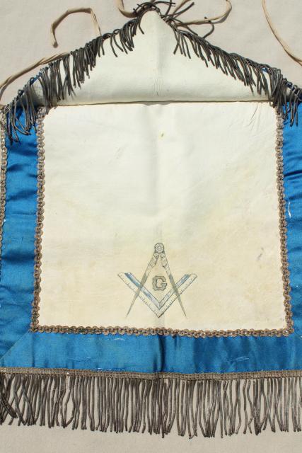 old antique Masons fraternal apron, embroidered emblem silk leather passementerie wire fringe