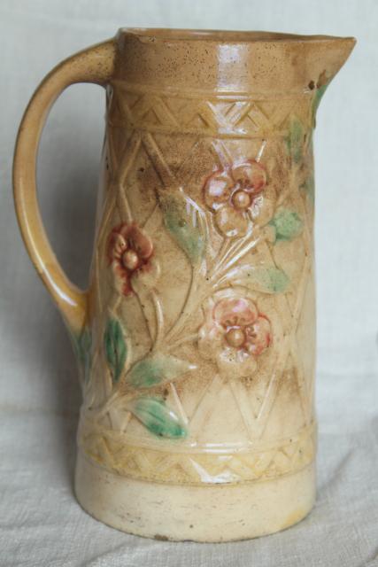 old antique Roseville pottery pitcher, majolica style wild rose & lattice design