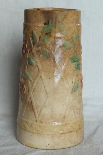 old antique Roseville pottery pitcher, majolica style wild rose & lattice design