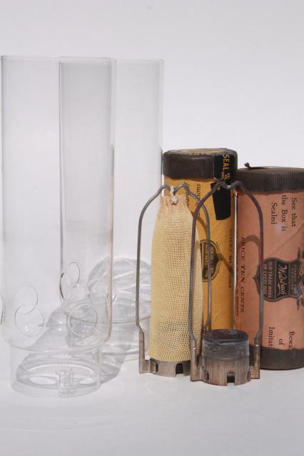 old antique Welsbach oil lamp mantle burners, glass cylinder chimneys - vintage lamp parts
