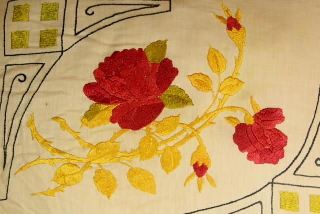 old antique bed pillow w/ hand stitched embroidery, satin stitch red rose