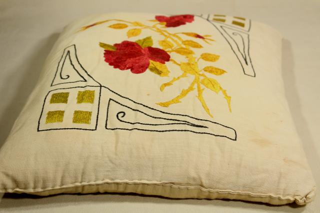 old antique bed pillow w/ hand stitched embroidery, satin stitch red rose