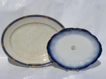 old antique blue border china platters, early 1900s vintage