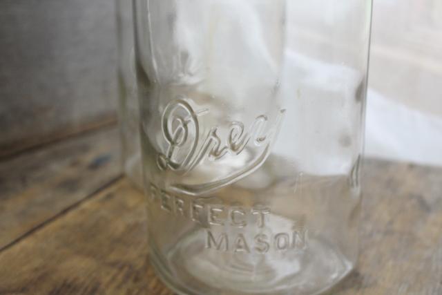 old antique canning jars, pre Ball Drey Perfect Mason big 2 qt clear glass canisters