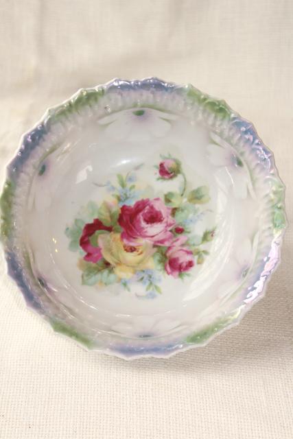 old antique china dessert dishes w/ roses, iridescent luster color - Bavaria porcelain bowls
