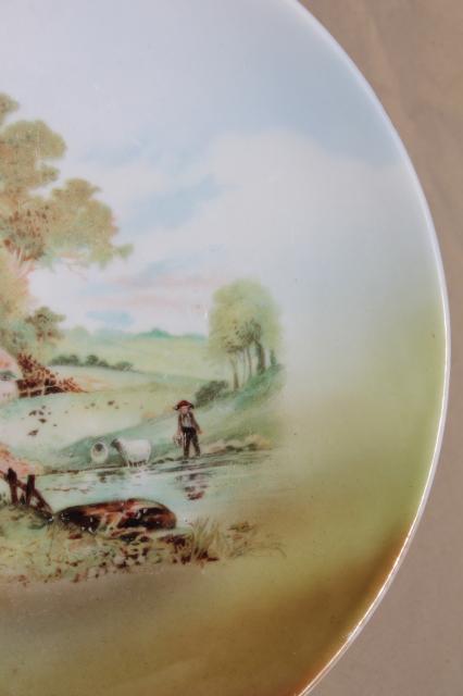 old antique china plate w/ thatched stone cottage country scene, Germany mark