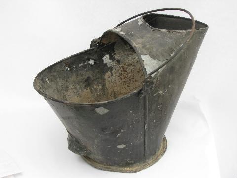 old antique coal scuttle bucket, shabby porch hanging flower pot planter