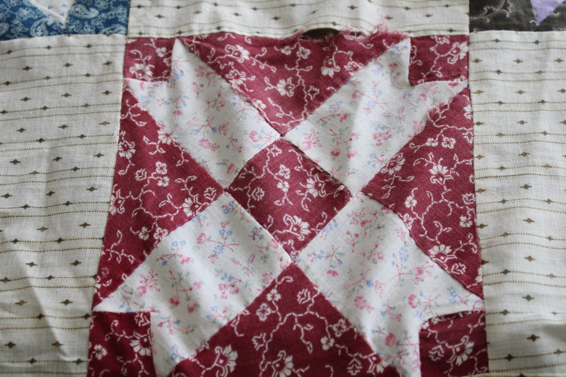 old antique cotton patchwork quilt block table runner, calico prints  striped shirting fabric