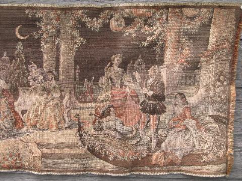 old antique cotton tapestry, court ball scene, vintage Italy or France