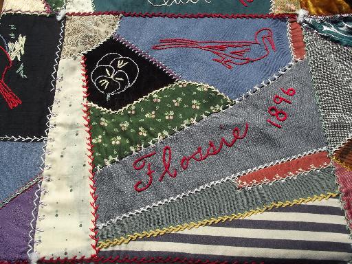 old antique crazy quilt, patchwork silk wool cotton fabric w/ embroidery dated 1890s