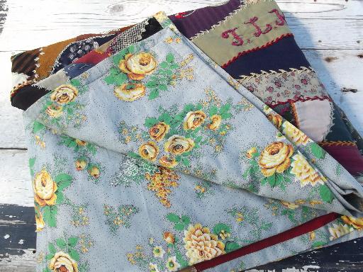 old antique crazy quilt, patchwork silk wool cotton fabric w/ embroidery dated 1890s