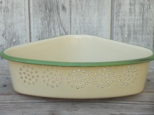 old antique cream & green enamelware sink corner strainer basket sieve