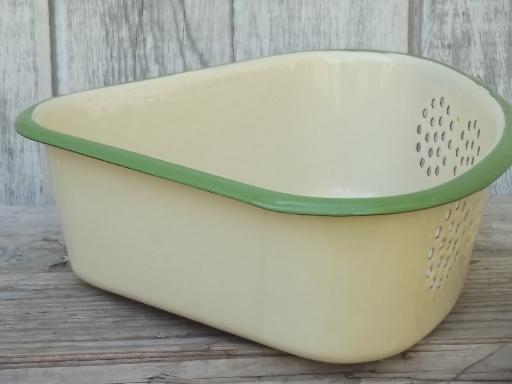 old antique cream & green enamelware sink corner strainer basket sieve