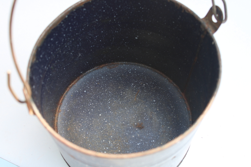 old antique enamel ware lunch pail, small metal bucket vintage graniteware