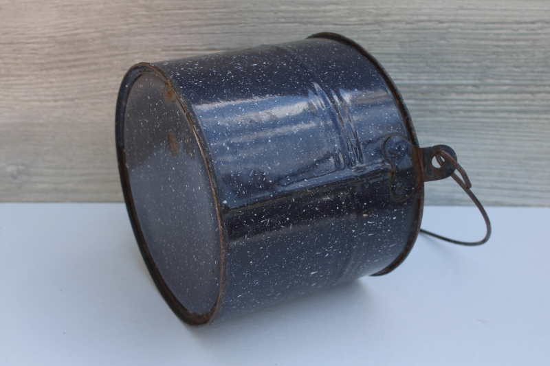 old antique enamel ware lunch pail, small metal bucket vintage graniteware