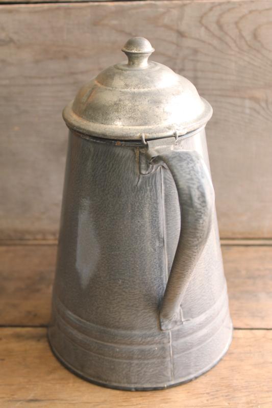 old antique enamelware coffeepot, primitive grey granite ware pot w/ hinged tin lid
