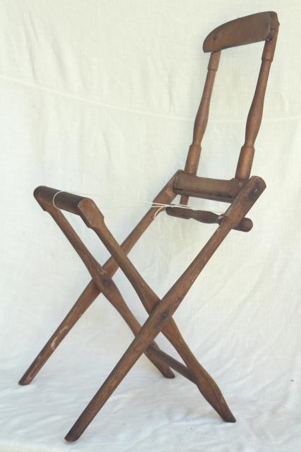 old antique folding wood chair frame needs new fabric, Edwardian vintage lawn beach camping seat