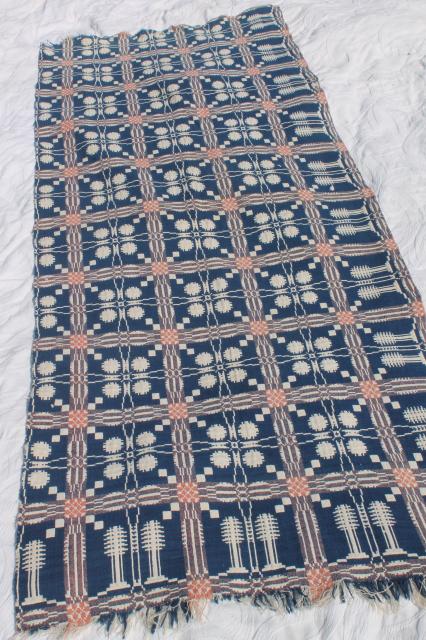 old antique hand woven coverlet fragment, primitive indigo blue wool & linen fabric