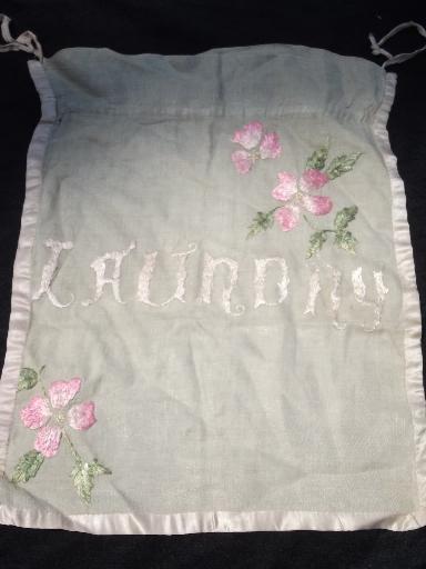 old antique hand-embroidered laundry bag, silky thread on flax linen
