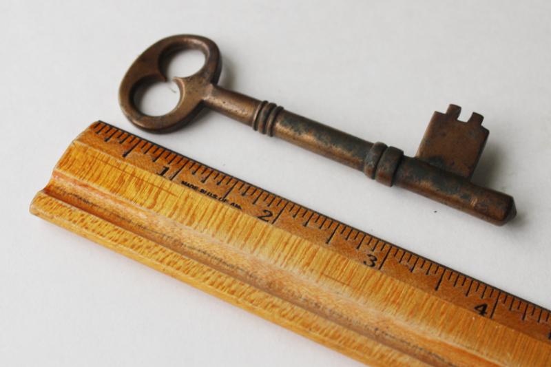 old antique heavy brass skeleton key, large latch key for gate or door, 1800s vintage