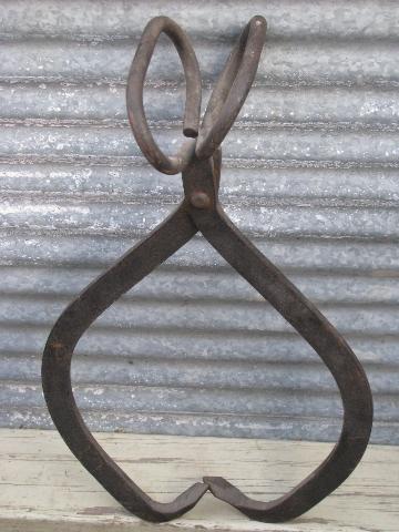 old antique iron tongs, primitive vintage farm ice house block carrier tool