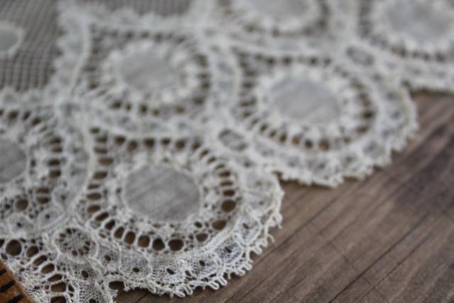 old antique lace wide edging flounce, French bobbin lace net scallops ecru cotton thread