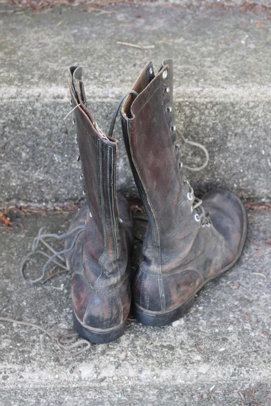 old antique lace-up leather work boots, early 1900s vintage tall boots, witch shoes!