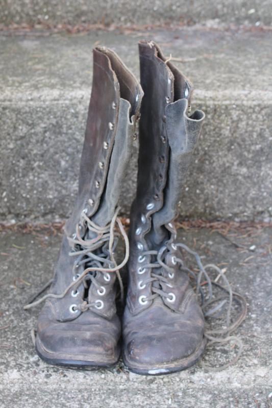 old antique lace-up leather work boots, early 1900s vintage tall boots, witch shoes!