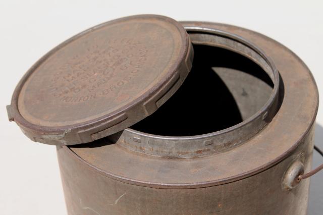 old antique metal bucket, bail handle pail tin can w/ lid, 1880s embossed date