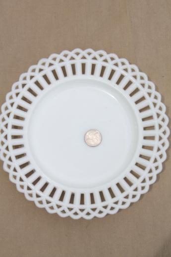 old & antique milk glass plates lot, lace edge pattern glass plates, very ornate