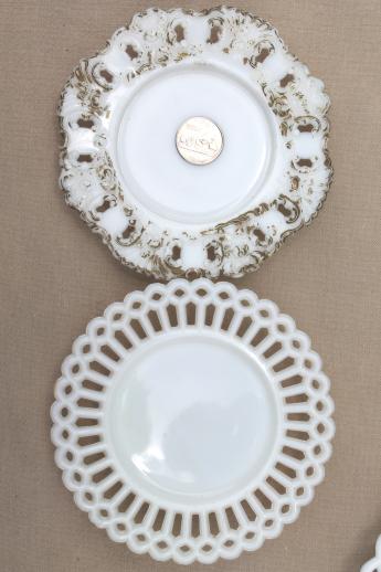 old & antique milk glass plates lot, lace edge pattern glass plates, very ornate