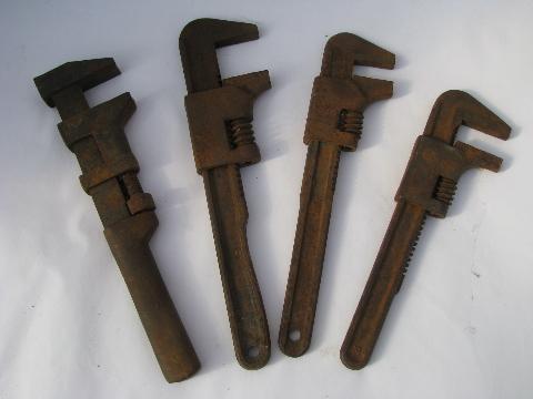 old antique monkey wrench lot, vintage pipe wrenches or railroad tools