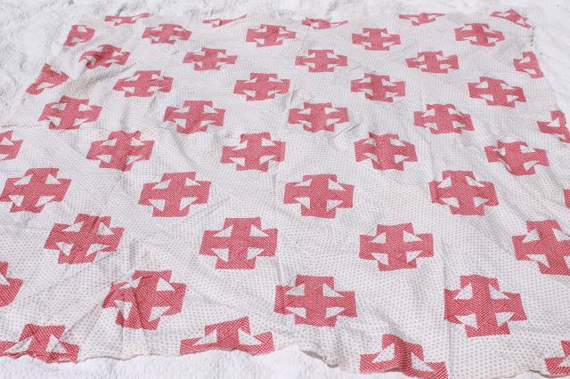 old antique patchwork quilt top, 1800s vintage shirting fabric & red calico 