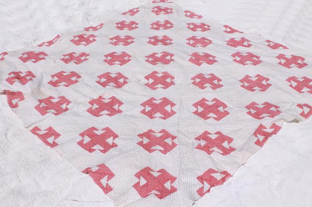 old antique patchwork quilt top, 1800s vintage shirting fabric & red calico 