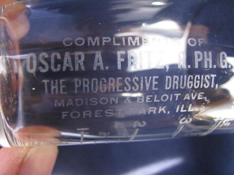 old antique pharmacy medicine measure glass, Forest Park Ill druggist