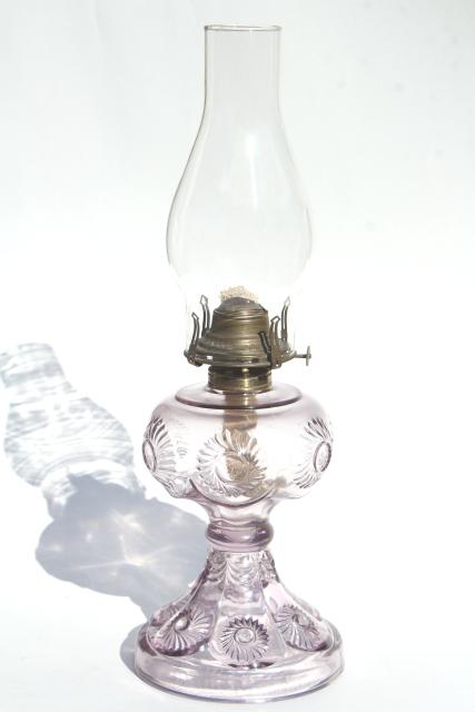 old antique pressed glass kerosene oil lamp, sunflower flower pattern EAPG