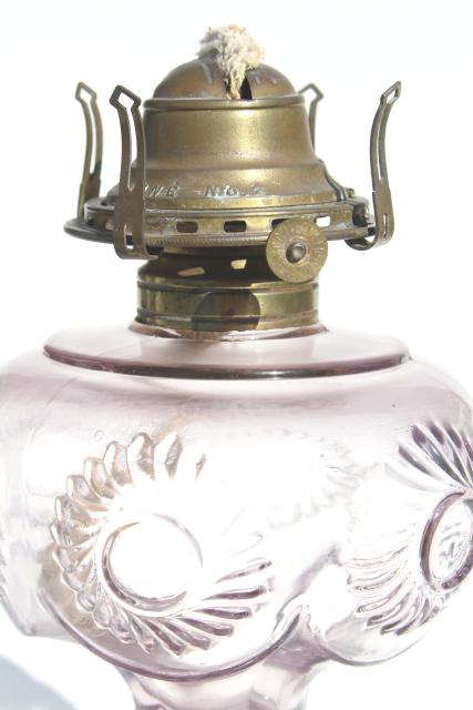 old antique pressed glass kerosene oil lamp, sunflower flower pattern EAPG
