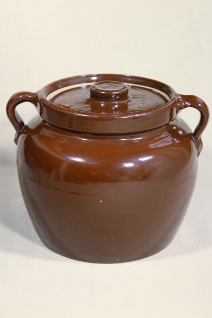 old antique primitive stoneware bean baker, brown crock pottery jar pot for baked beans