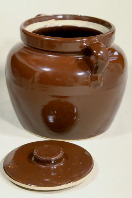 old antique primitive stoneware bean baker, brown crock pottery jar pot for baked beans