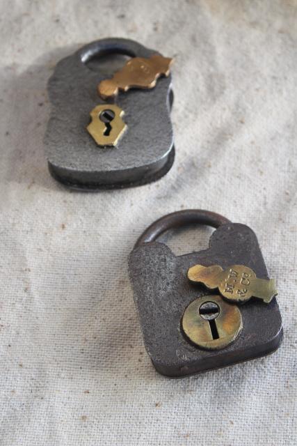 old antique railroad locks, iron & brass MW and NLM marked padlocks